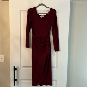 Long sleeve faux wrap dress - burgandy/crimson